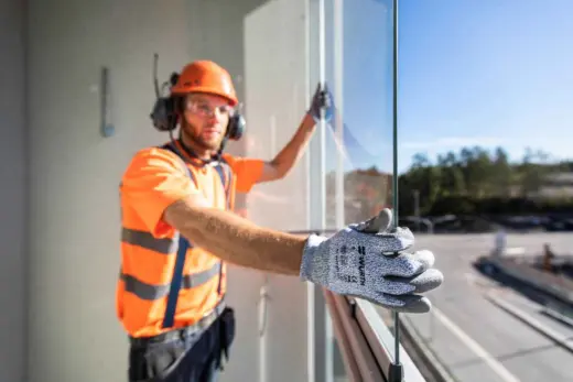 A worker is installing a lumon railing in the Greater Vancouver and Greater Toronto area.