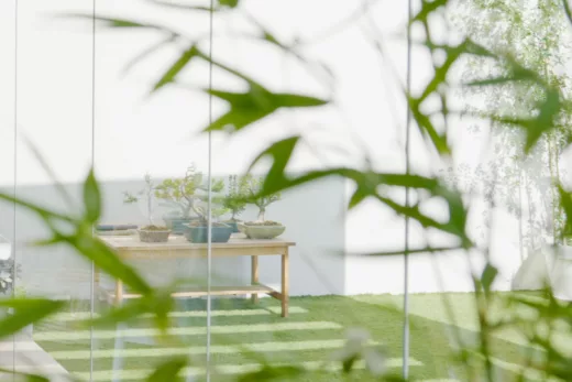 Blick von einer verglasten Terrasse in den begrünten Hinterhof