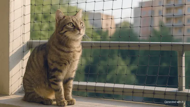 Katze sitzt auf der Brüstung eines mit Katzennetz gesicherten Balkons